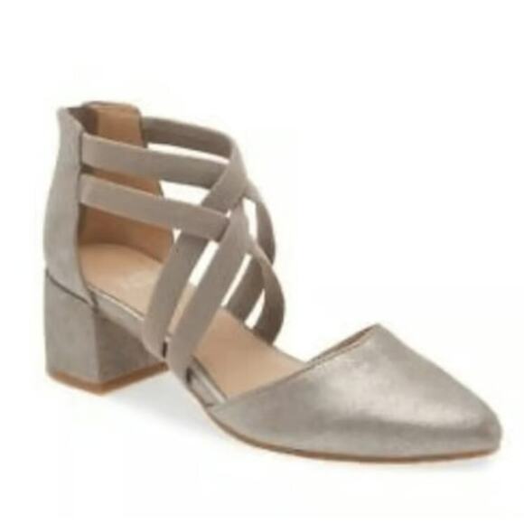 Eileen Fisher 8 Low Heels Pumps Pewter Gray Leather Pointed Toe Noni Strappy